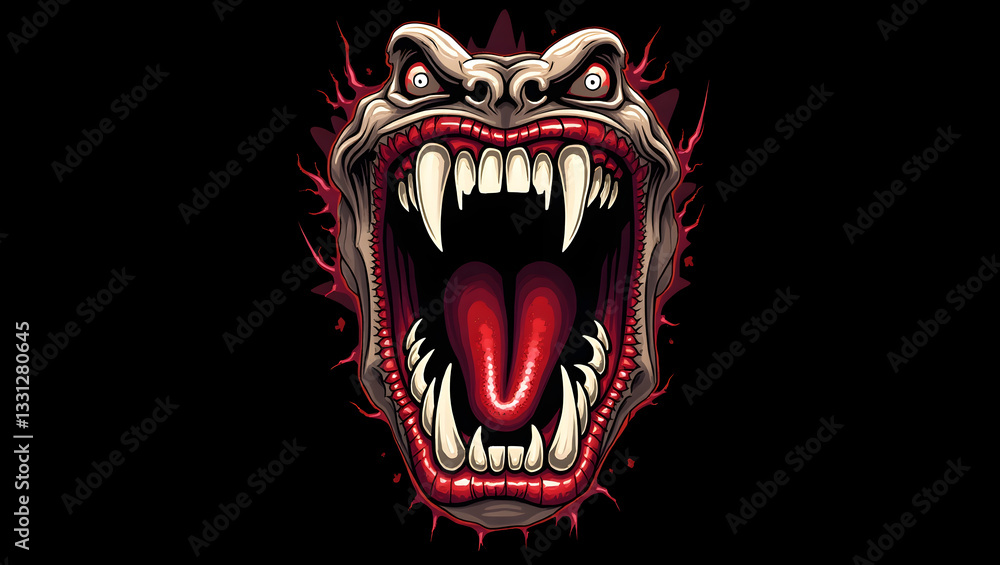 Monster jaw with sharp fangs, open mouth of vampire with sharp teeth and fangs. Aggressive grin, monster jaw. Brutalism tattoo art, aggression print. Vector illustration for typography, merch, t-shirt Monster jaw with sharp fangs, open mouth of vampire with sharp teeth and fangs. Aggressive grin, monster jaw. Brutalism tattoo art, aggression print. Vector illustration for typography, merch, t-shirt