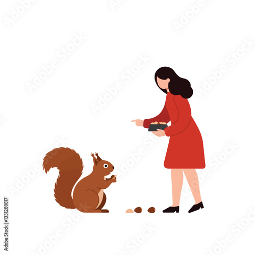 Squirrel receiving food from woman in red dress, flat vector illustration