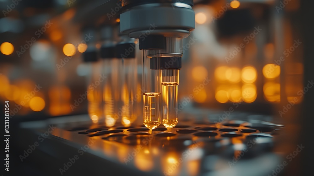 Automated lab equipment dispensing liquid into test tubes Automated lab equipment dispensing liquid into test tubes