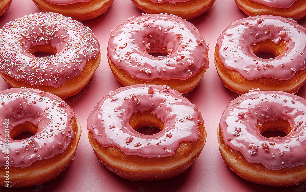 A Tempting Array of Pink-Frosted Donuts, An Indulgent Treat on a Harmonious Monochromatic Backdrop. A Tempting Array of Pink-Frosted Donuts, An Indulgent Treat on a Harmonious Monochromatic Backdrop.