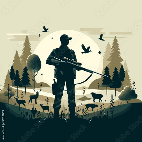 Vektorlogo mit der Silhouette eines Jägers mit Gewehr in der Natur im farbenfrohen flachen Designstil auf transparentem Clipart-Hintergrund, isoliert im Vektorformat, ideal für Branding und Outdoor-Pr