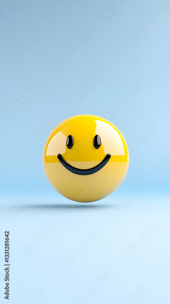 Fototapeta premium A glossy yellow smiley face on a light blue background
