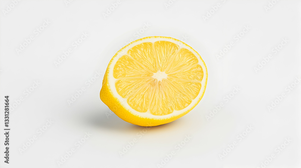 A halved lemon, showcasing its juicy, yellow segments against a clean white background A halved lemon, showcasing its juicy, yellow segments against a clean white background