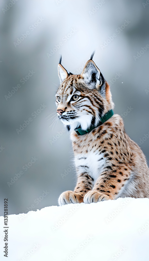 Fototapeta premium A lynx sits on a snowdrift, gazing intently Its spotted coat blends with the winter backdrop