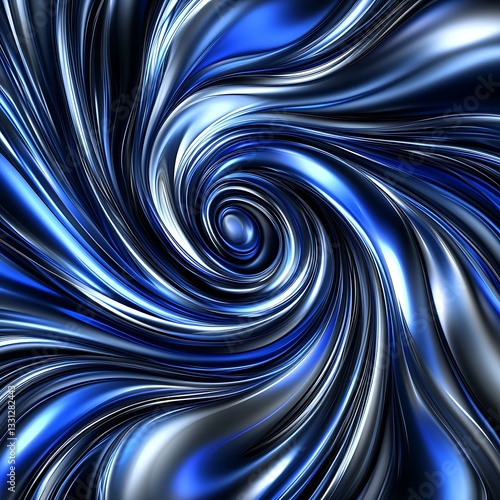 A swirling metallic blue and silver abstract design of curved lines