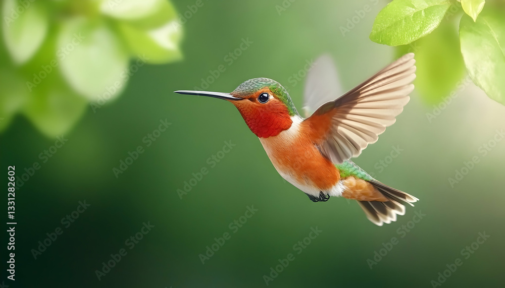Fototapeta premium A vibrant hummingbird in flight, amidst lush green foliage, bathed in soft sunlight