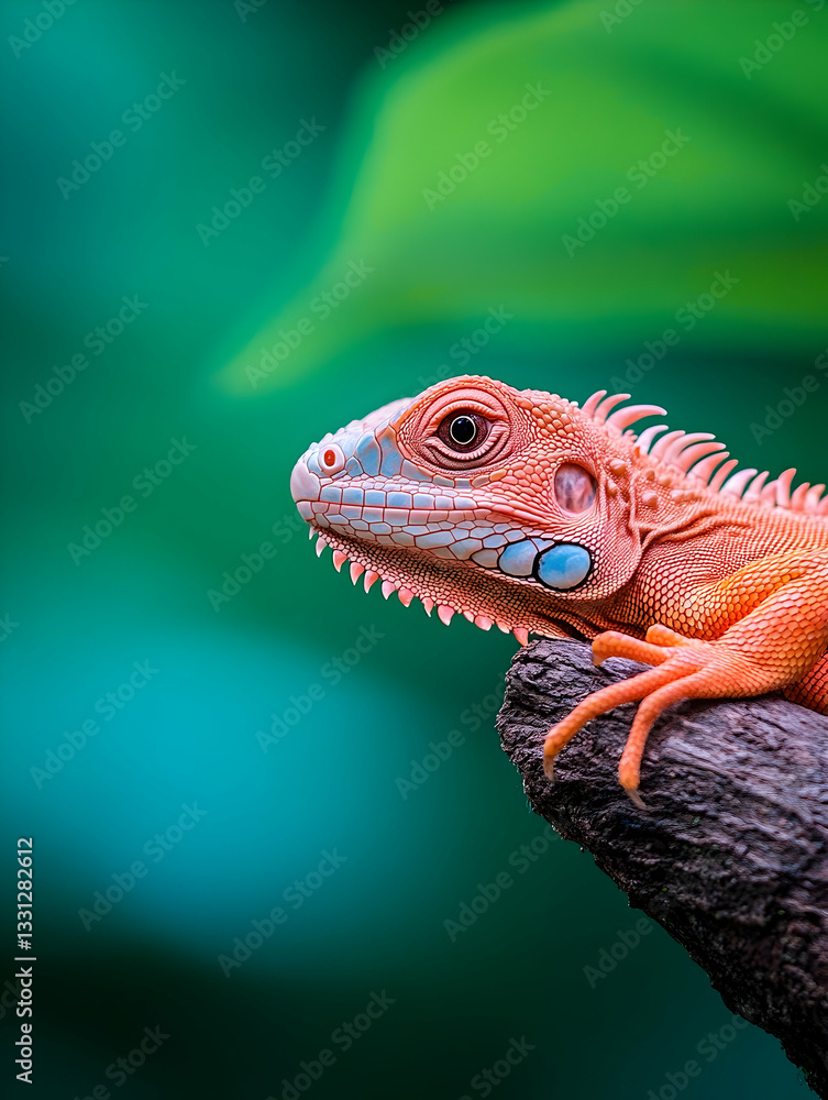 Fototapeta premium A vibrant orange lizard perched on a branch against a blurred teal background