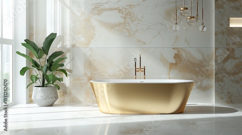 A spacious bathroom with a freestanding soaking tub, floor-to-ceiling marble walls, and gold-accented fixtures, isolated on a clean white background.