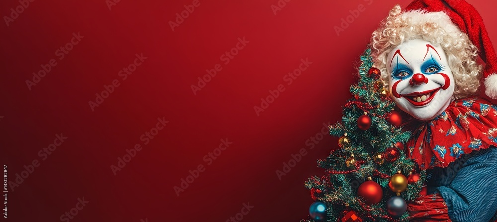 A clown with a Christmas tree on a red background, in banner format A clown with a Christmas tree on a red background, in banner format
