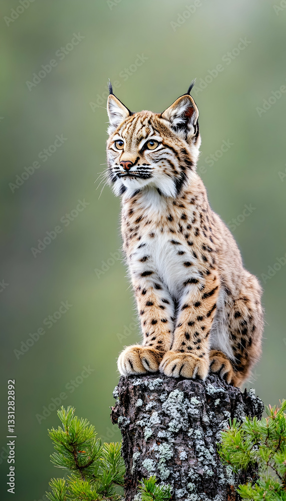 Fototapeta premium A young lynx sits alertly atop a moss-covered tree stump in a forest
