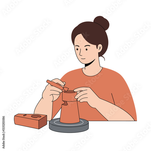 Person sculpting clay with tools in minimal flat design vector illustration