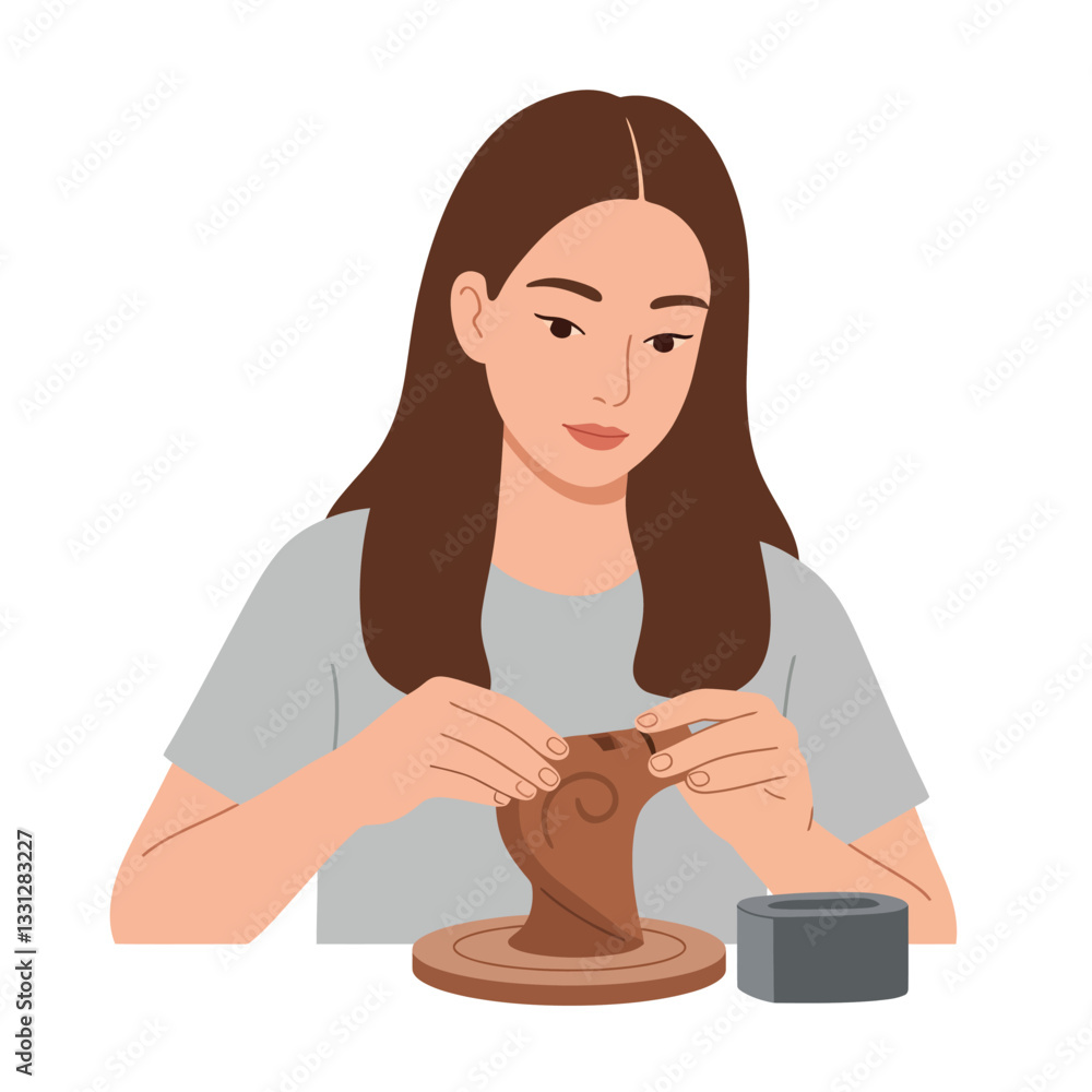 Woman sculpting clay on a pottery wheel in flat vector art style Woman sculpting clay on a pottery wheel in flat vector art style
