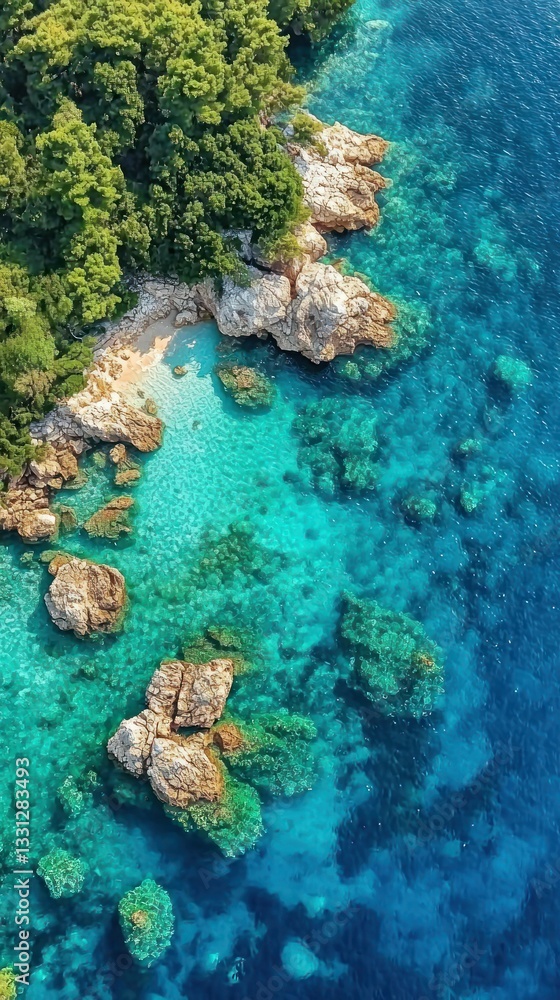 Fototapeta premium Turquoise sea meets rocky shore, lush trees line the coast. Beauty