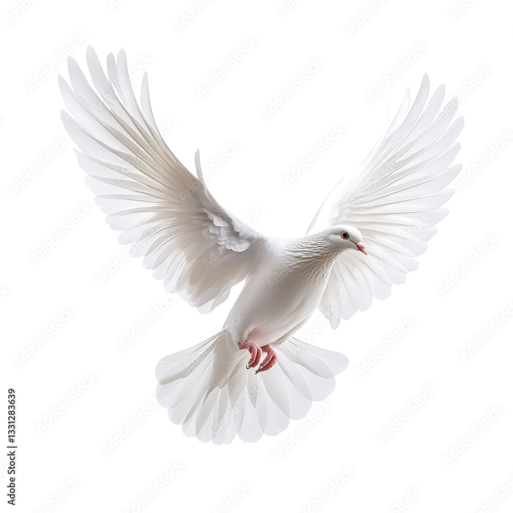 Obraz premium A white dove is flying in the air. The bird has a red beak and is surrounded by white feathers. Concept of freedom and peace, as the dove is soaring through the sky without any constraints