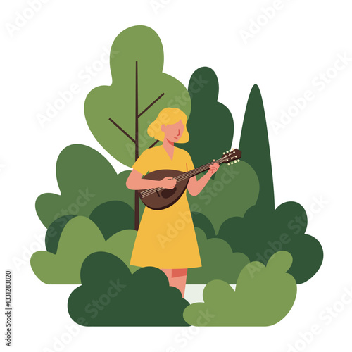 Woman playing mandolin surrounded by greenery in flat vector art