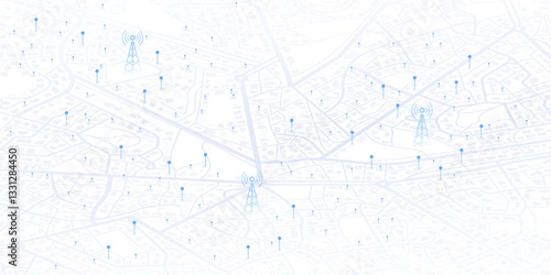 GPS coverage and 5G wi-fi. Network connectivity, signal distribution across the city. Isometric cityscape with wireless communication towers. Location signal strength indicators. Vector illustration