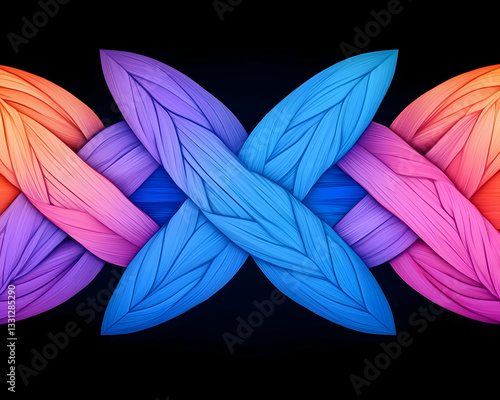 Abstract vibrant interwoven colorful leaf pattern on black background