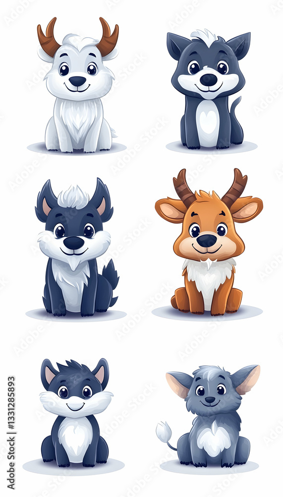 Obraz premium Adorable cartoon animals deer, dogs, and pups