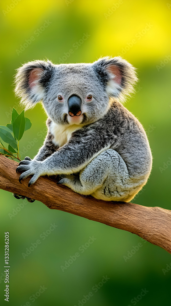 Obraz premium Adorable koala perched on a tree branch, gazing directly at the camera against a blurred green and yellow background
