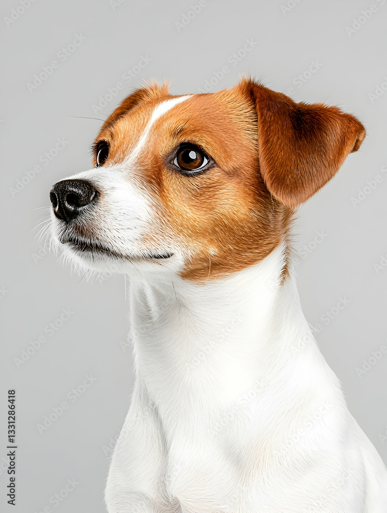 Adorable small dog with tan and white fur, looking upward Adorable small dog with tan and white fur, looking upward