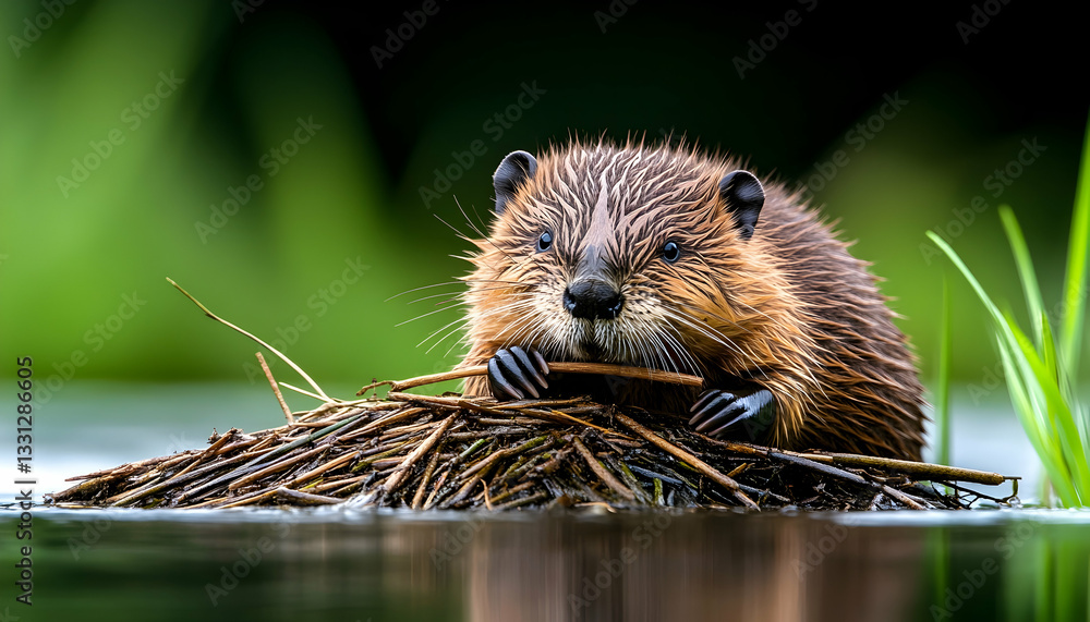 Adorable wet beaver kit nestled in twigs, on calm water, lush green background Adorable wet beaver kit nestled in twigs, on calm water, lush green background
