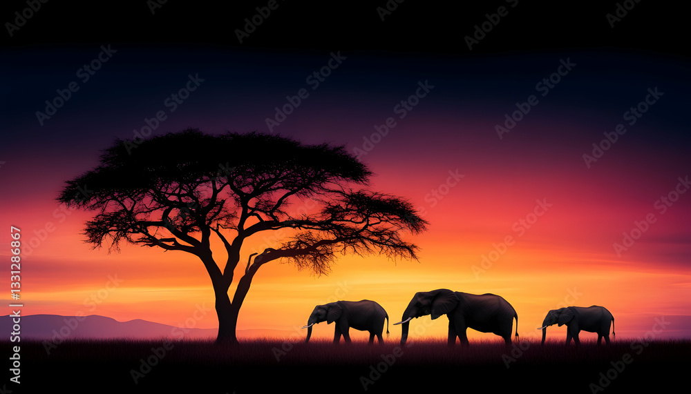 Fototapeta premium African elephants silhouetted against a vibrant sunset, beneath an acacia tree