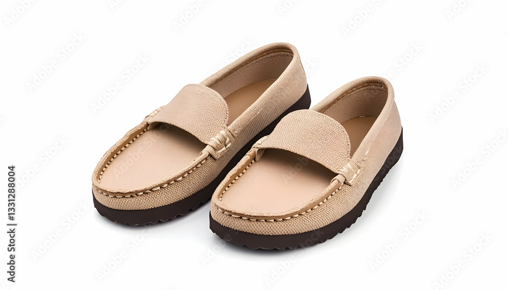 Beige suede loafers with dark brown rubber soles, isolated on white Beige suede loafers with dark brown rubber soles, isolated on white