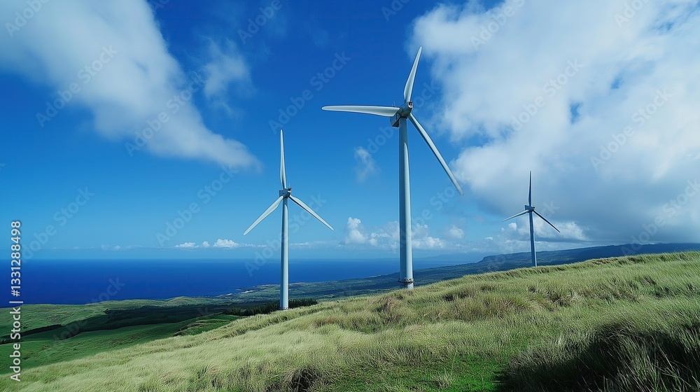 Wind Turbines on Green Slopes with Blue Sky and Ocean Background. Harmonious Coexistence of Wind Power and Natural Environment Wind Turbines on Green Slopes with Blue Sky and Ocean Background. Harmonious Coexistence of Wind Power and Natural Environment