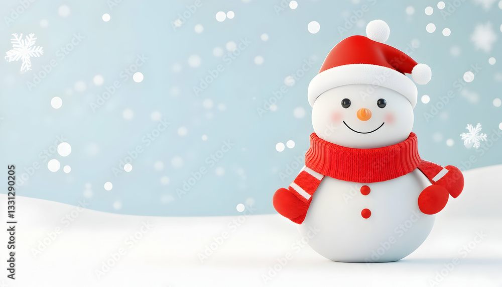 Cheerful snowman in red hat and scarf on snowy background Cheerful snowman in red hat and scarf on snowy background