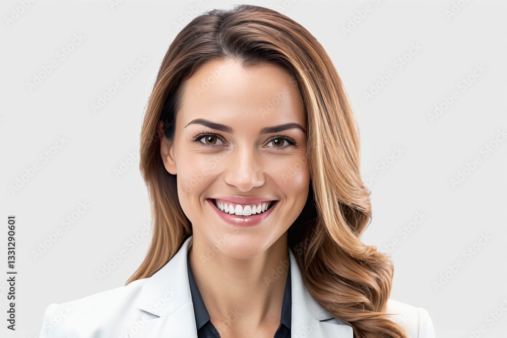 Portrait of a smiling young blonde businesswoman in a suit with a confident and professional look