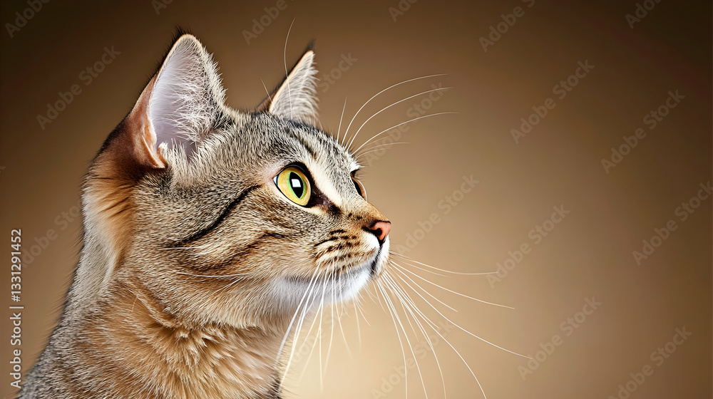 Obraz premium Close-up profile of a tabby cat with alert expression against a muted brown background