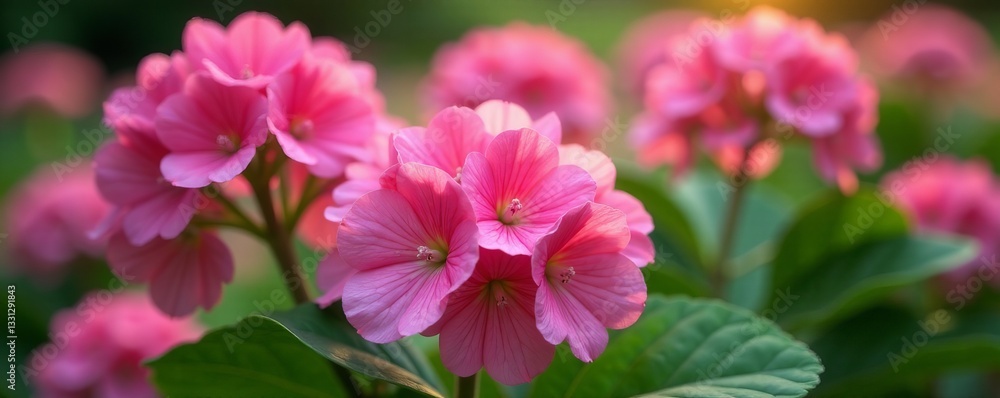 Close-up of hortensia pink flowers in full bloom with green leaves, floral, vibrant, petals Close-up of hortensia pink flowers in full bloom with green leaves, floral, vibrant, petals