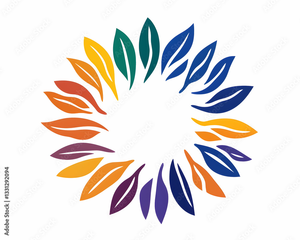Fototapeta premium Colorful leaf circle design, vibrant rainbow foliage arrangement