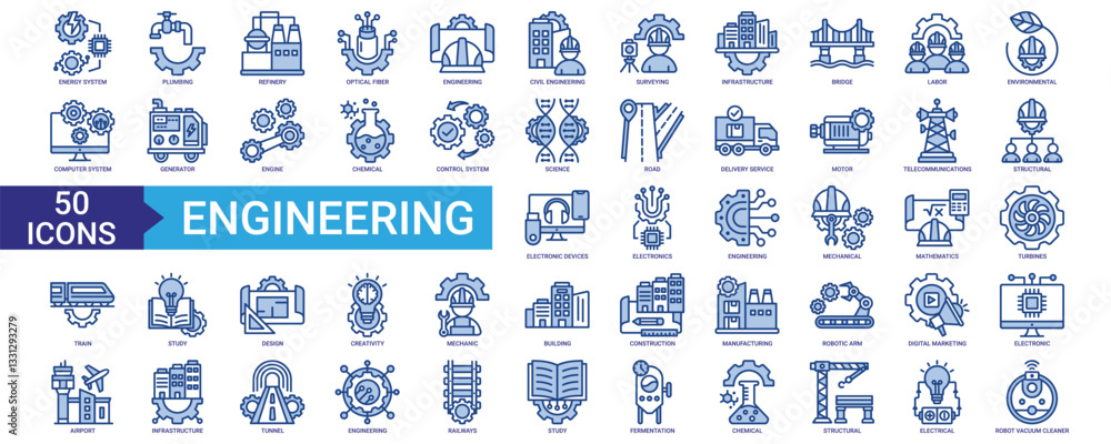 Obraz premium Engineering icon collection set. Containing energy system, civil, infrastructure, labor, environmental, structural, electronics, mechanical, design and construction icon. Simple blue vector. 