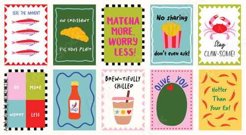 Playful, quirky food-inspired posters in bright colors, hand-drawn illustrations, and witty saying. Funny food and drink quotes artwork for T-shirt design, wall decor, kitchen and cafe printable art. 