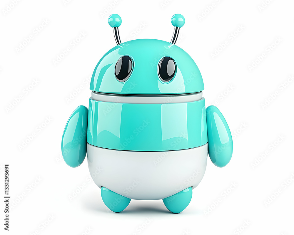 Fototapeta premium Cute teal and white robot character on white background