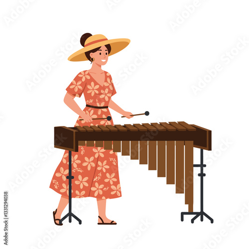 Woman playing xylophone in floral dress and hat in flat vector art