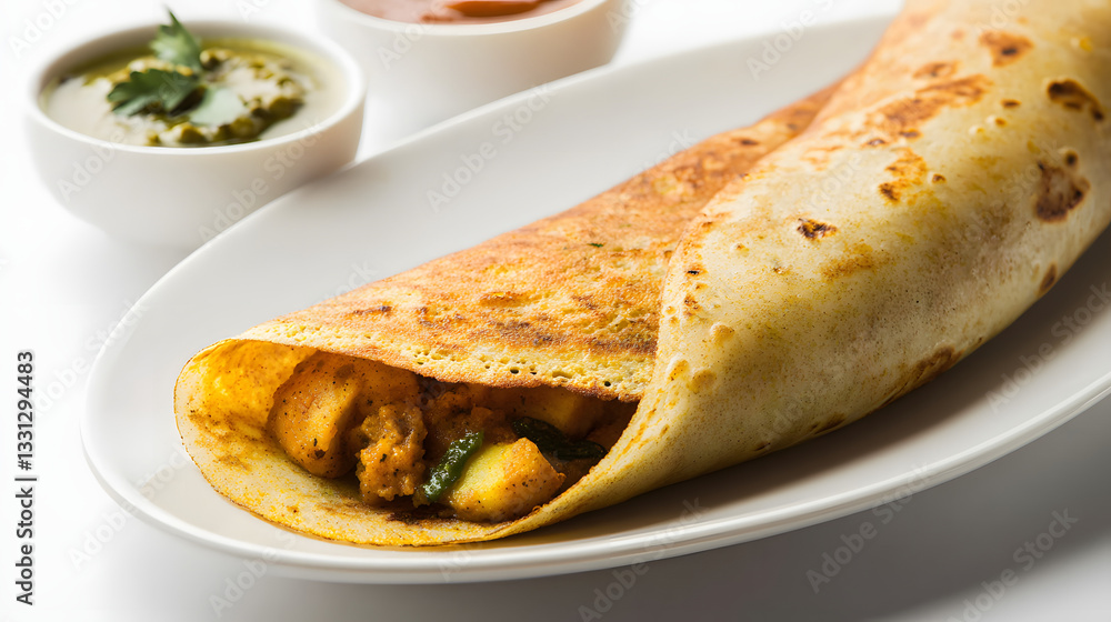 Golden Ultra Thin Crispy Masala Dosa Served with Chutneys and Sambar on a White Plate Golden Ultra Thin Crispy Masala Dosa Served with Chutneys and Sambar on a White Plate