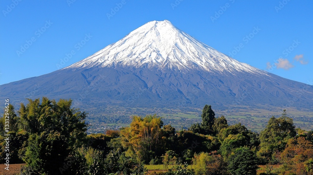 Majestic Snow-Capped Volcano under a Clear Blue Sky Majestic Snow-Capped Volcano under a Clear Blue Sky