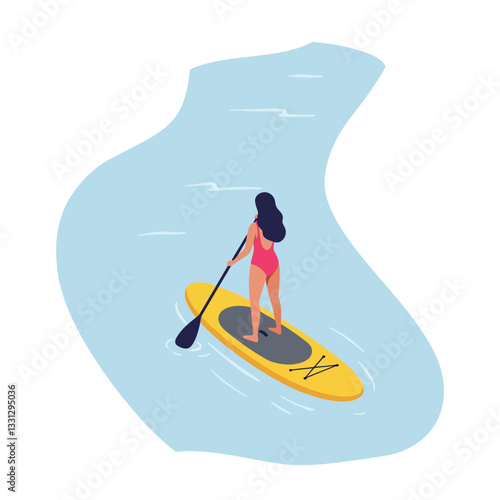 Woman paddling on a yellow stand-up paddleboard in flat vector art