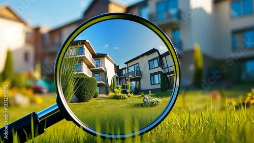 Magnifying glass focusing on a modern house, representing real estate investment, property search and architectural detail. 