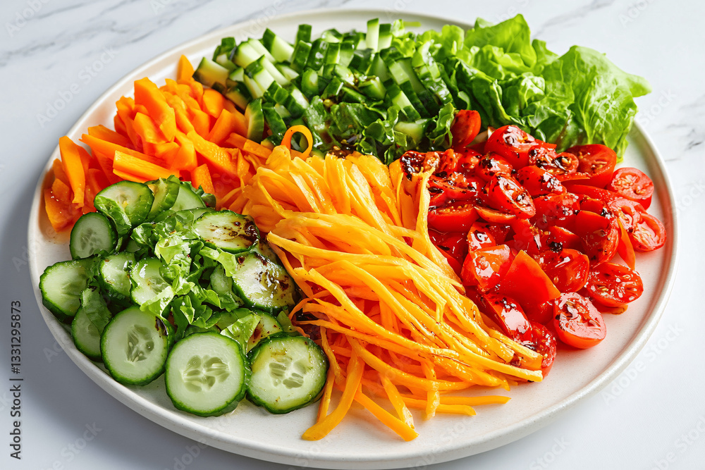Fresh and colorful weight loss vegetable salad arranged on a white plate Fresh and colorful weight loss vegetable salad arranged on a white plate