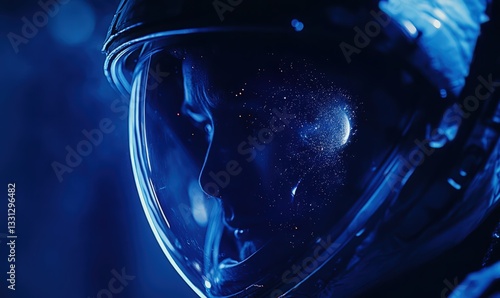 Cosmonautics day. astronaut helmet reflection. sci-fi space art with starry sky, planets and cinematic lighting. futuristic movie poster.