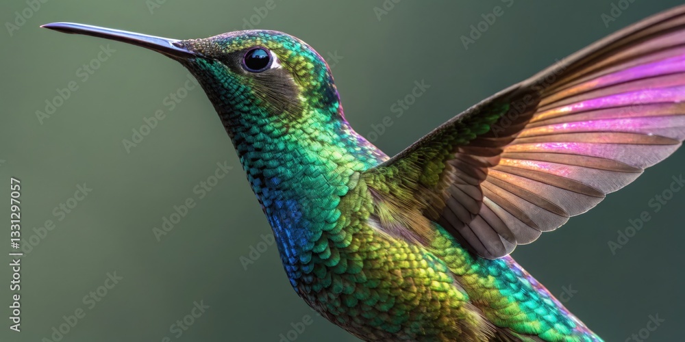 Naklejka premium Hummingbirds displaying iridescent feathers in lush natural habitat a close-up exploration of avian beauty