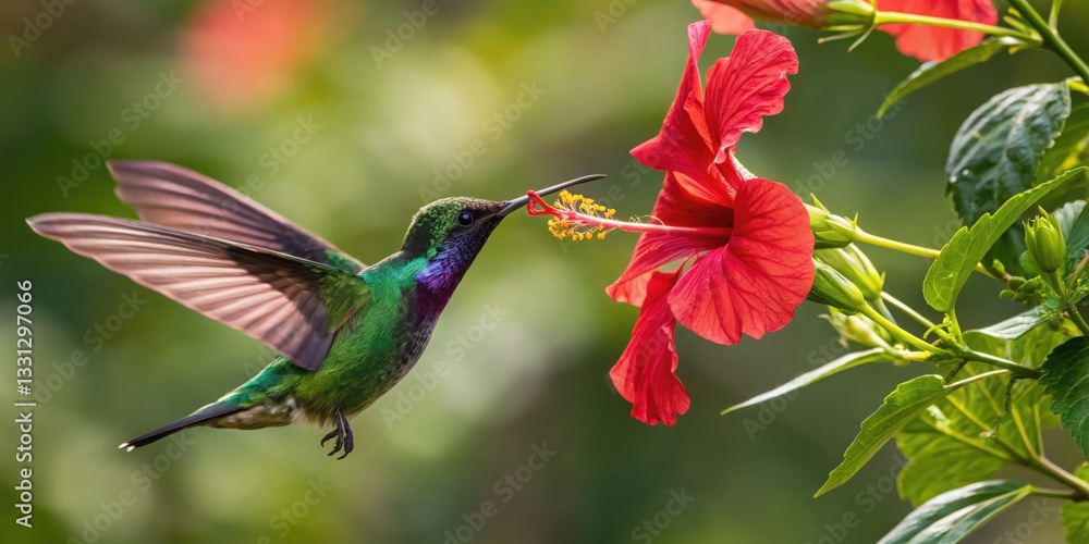 Fototapeta premium A hummingbird sipping nectar from a hibiscus flower in ultra slow motion tropical garden wildlife photography vibrant and serene close-up view nature's beauty