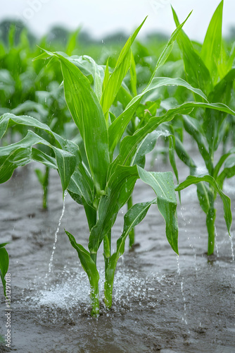 Flooded corn field with water droplets on lush green plants
