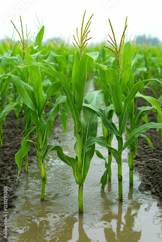 Flooded cornfield with young plants partially submerged in muddy water