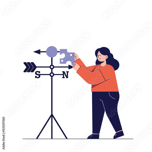 Woman adjusting weather vane with puzzle piece in flat vector illustration