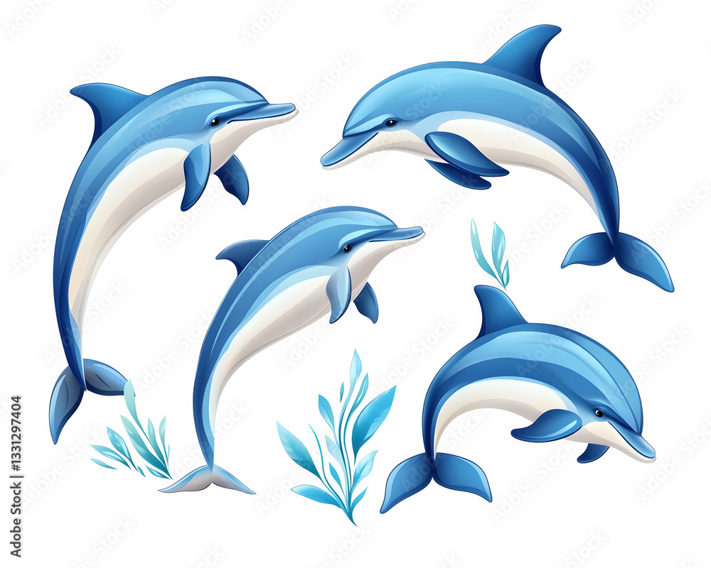 Obraz premium Four playful dolphins leaping, surrounded by aquatic plants, on white background