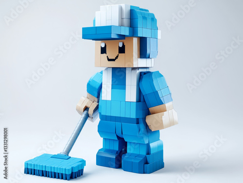 Cartoon block figure in blue uniform holding a mop.